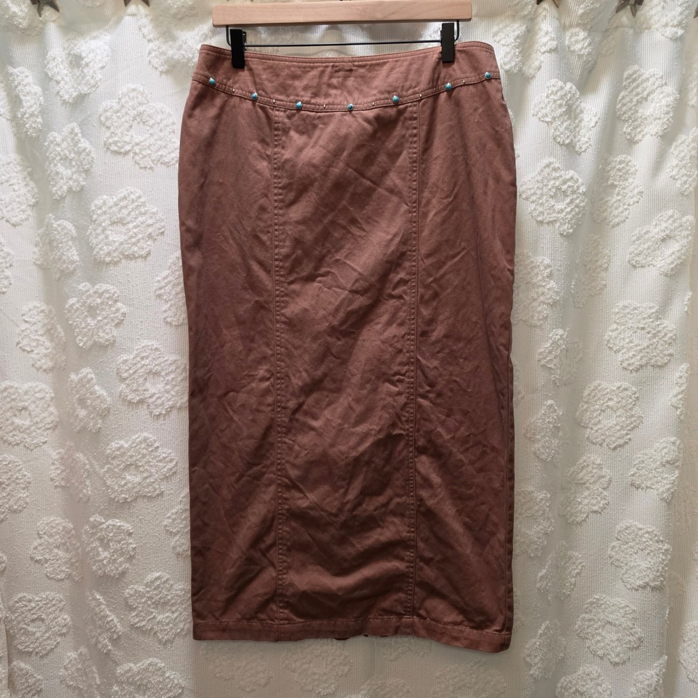 Vintage Nancy Bolen City Girl Brown Cotton Midi Skirt Turquoise Western Size 12